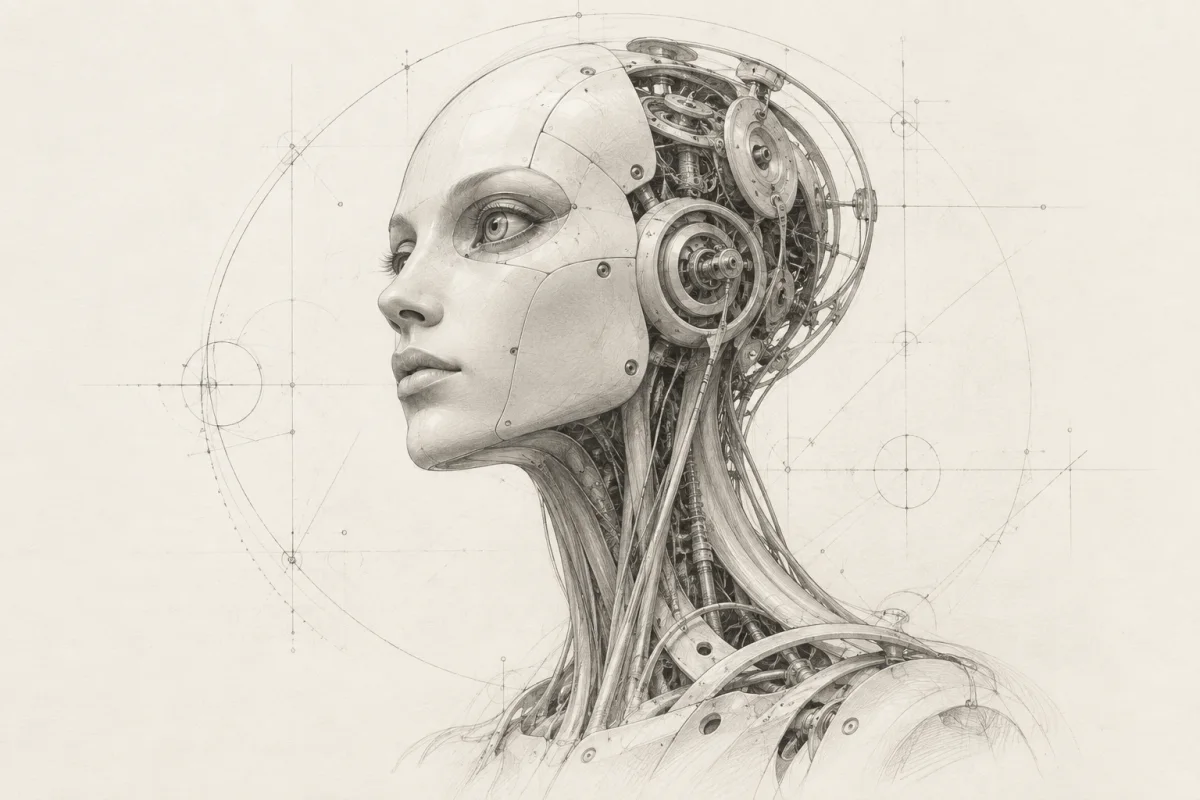 An unfinished mechanical mind, drawn in graphite: an elegant face, exposed precision mechanisms, and fine tendons running into the neck.
